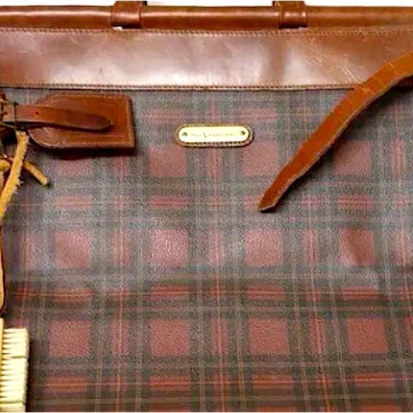 RALPH LAUREN Tartan Plaid Brown Green Doctor Bag Boston Weekend Travel Suitcase - Picture 3 of 17